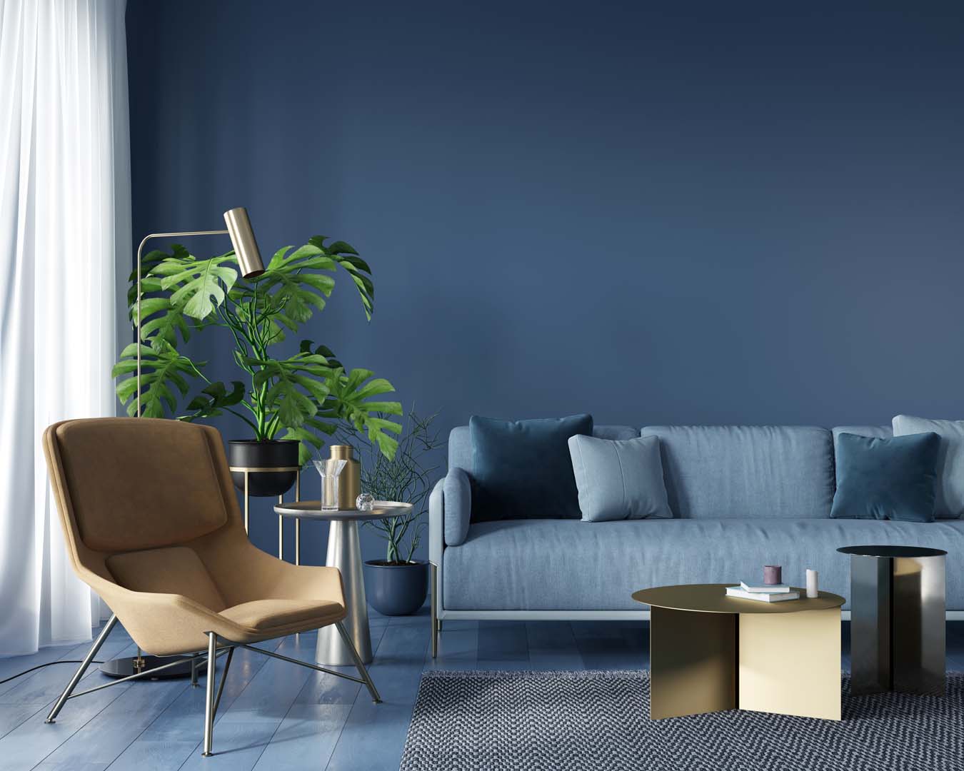 Living Room With Blue Sofa